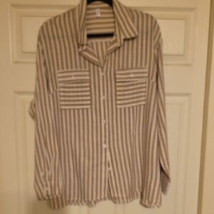 Women's Striped Button Down Shirt - Tan and White
